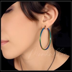 NEW COLORFUL RAINBOW TITANIUM METALLIC HOOP EARRINGS